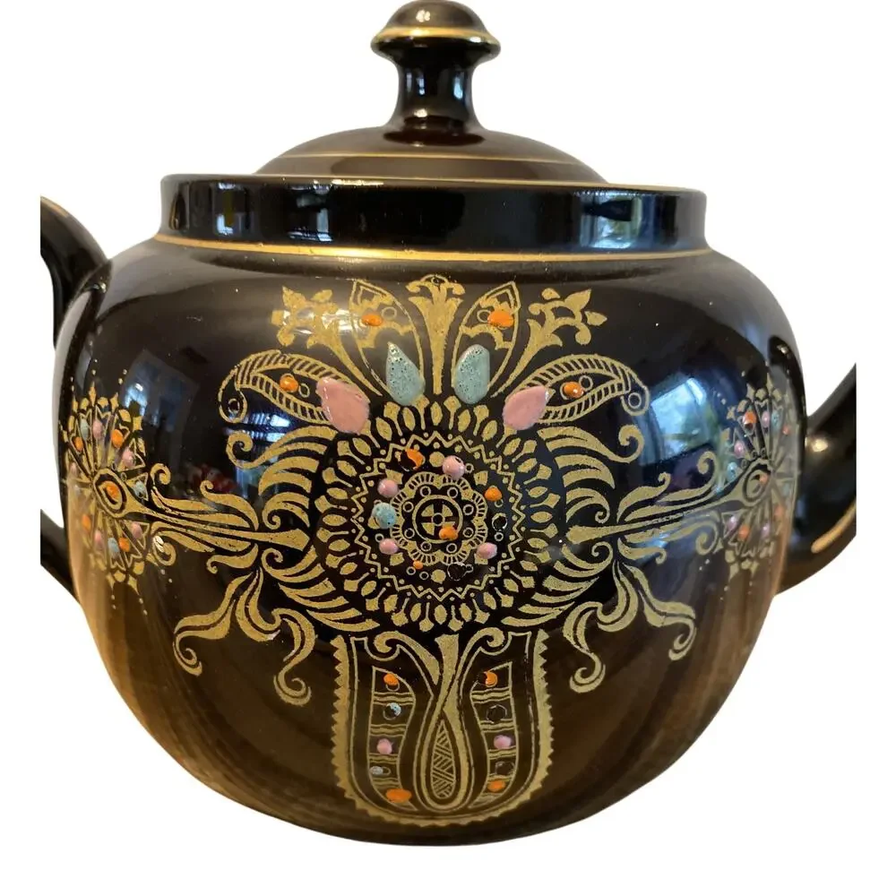 Antique 1928 Gibson & Sons Marina Art Deco Teapot Black Gold Burslem England